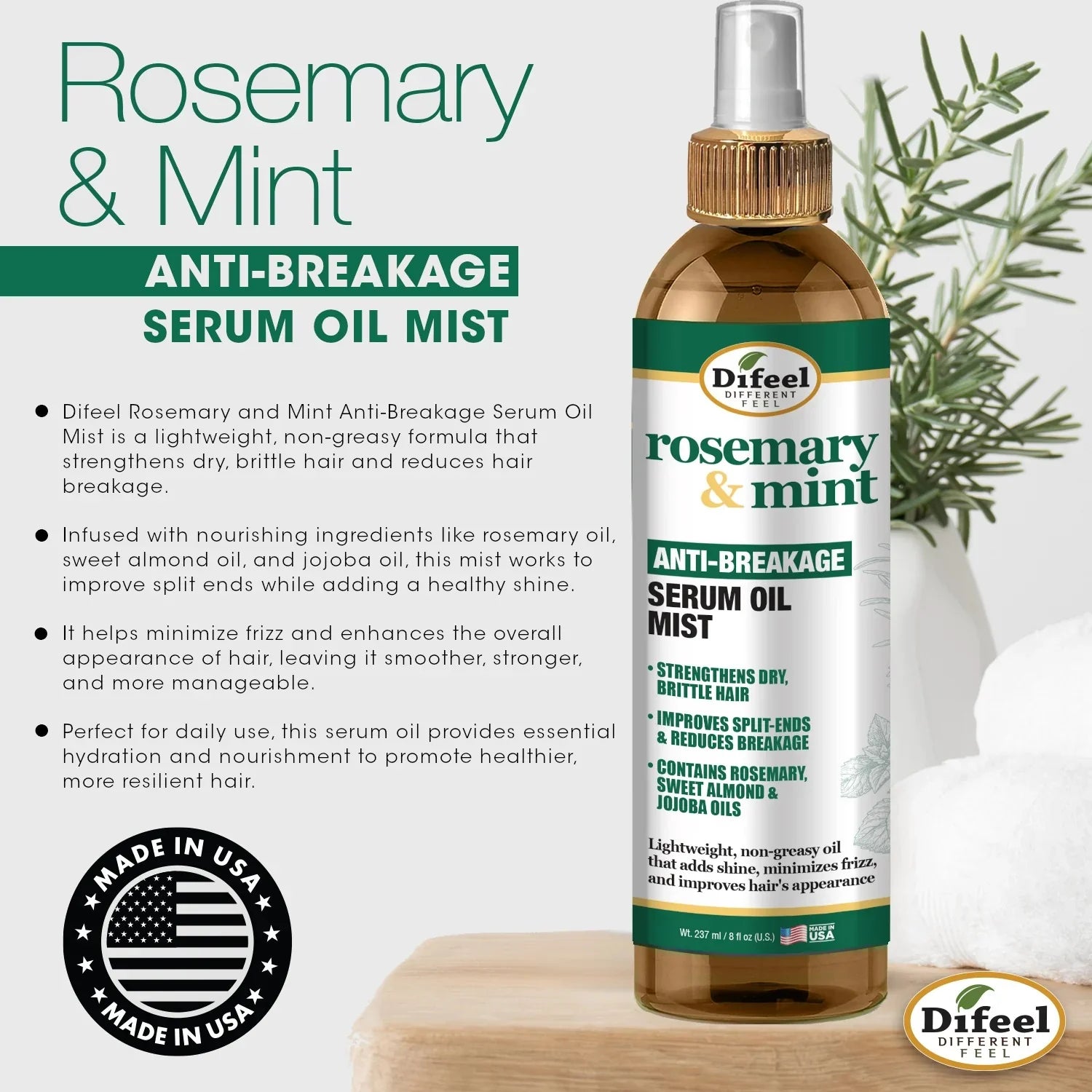 DIFEEL ROSEMARY AND MINT ANTI-BREAKAGE SERUM OIL MIST 8 OZ.